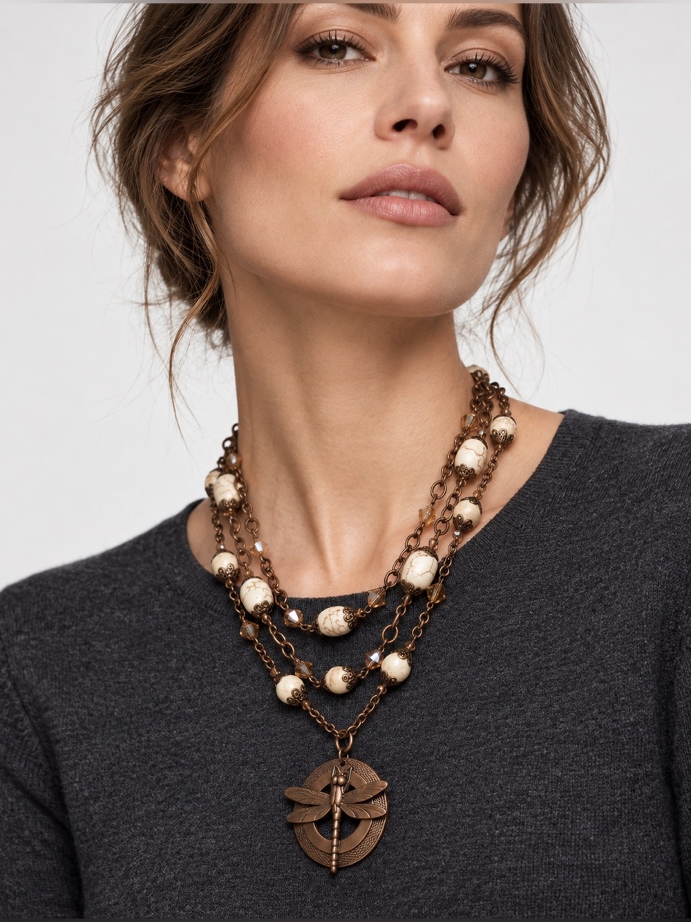 Dragonfly Pendant Necklace with Beads and swaroski crystals and Matching Earring